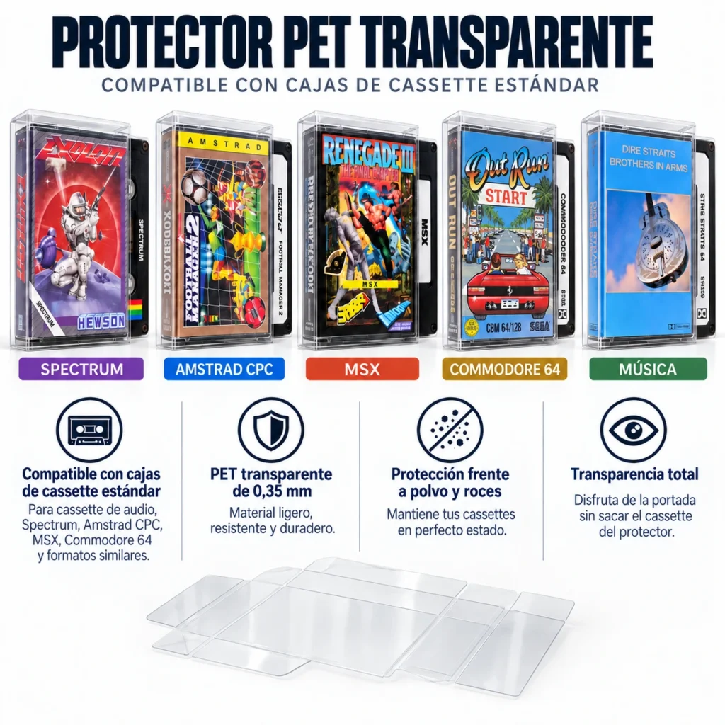 protector pet transparente cassettes Spectrum, Commodore, Amstrad, MSX, Música